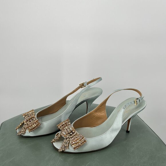 Vintage Valentino Rhinestone Bow Kitten Sling Back Heels in Size 36 - Picture 2 of 6